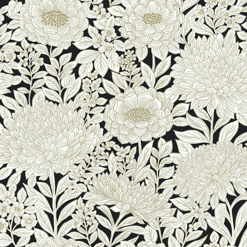 Wallpaper Wood Block Blooms Wallpaper Sample // Black & Gold 8 x 10 