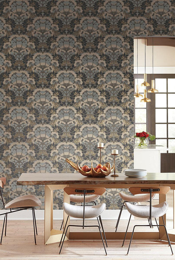 Wallpaper Yarrow Nouveau Wallpaper // Charcoal & Gold 