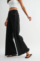  Quinn High-Waisted Black Wide-Leg Denim Stud Pants 