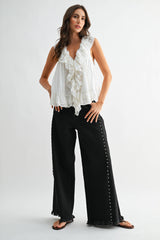  Quinn High-Waisted Black Wide-Leg Denim Stud Pants 