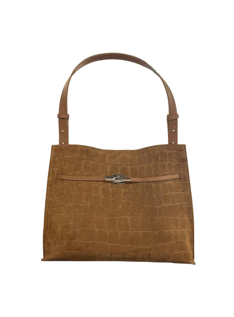  Genuine Leather & Suede Croc-Embossed Shoulder Tote, Made in Italy, art. 112784: Brown 