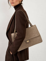  Large Genuine Leather & Suede Croc-Embossed Shoulder Bag, Made in Italy, art. 112783: Brown 
