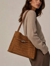  Genuine Leather & Suede Croc-Embossed Shoulder Tote, Made in Italy, art. 112784: Brown 
