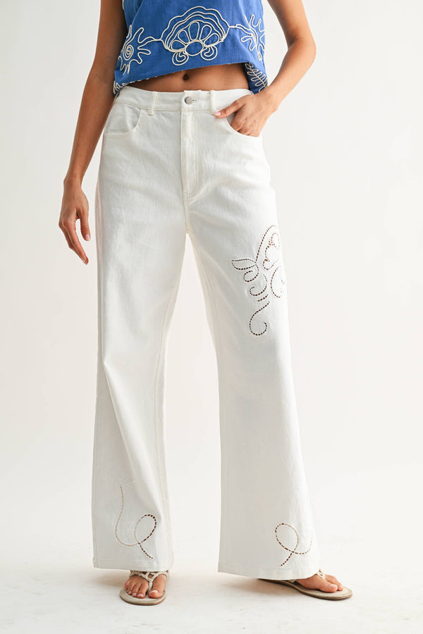  Pipa Embroidered White Wide-Leg Trousers with Cutout 