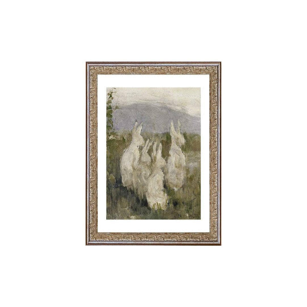 Wall Art Bunnies in a Field Framed Antique Art 