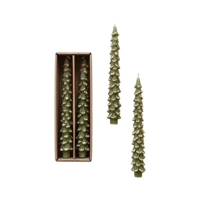 Holiday Candles Green/Gold Winter Tree Taper Candles Set 