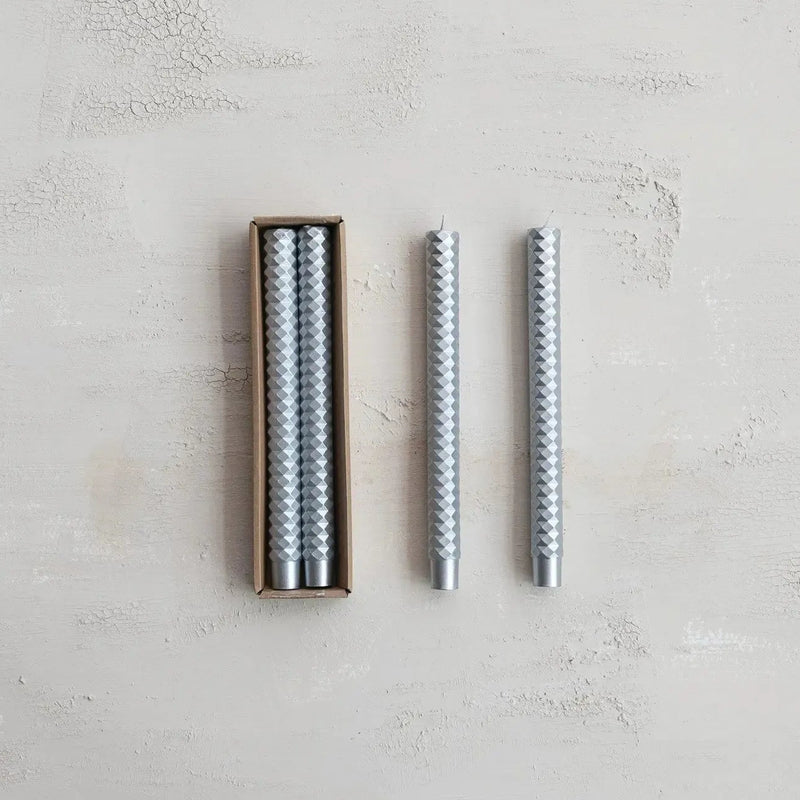 Holiday Ornaments Silver Faceted Taper Candles // Set of 2 