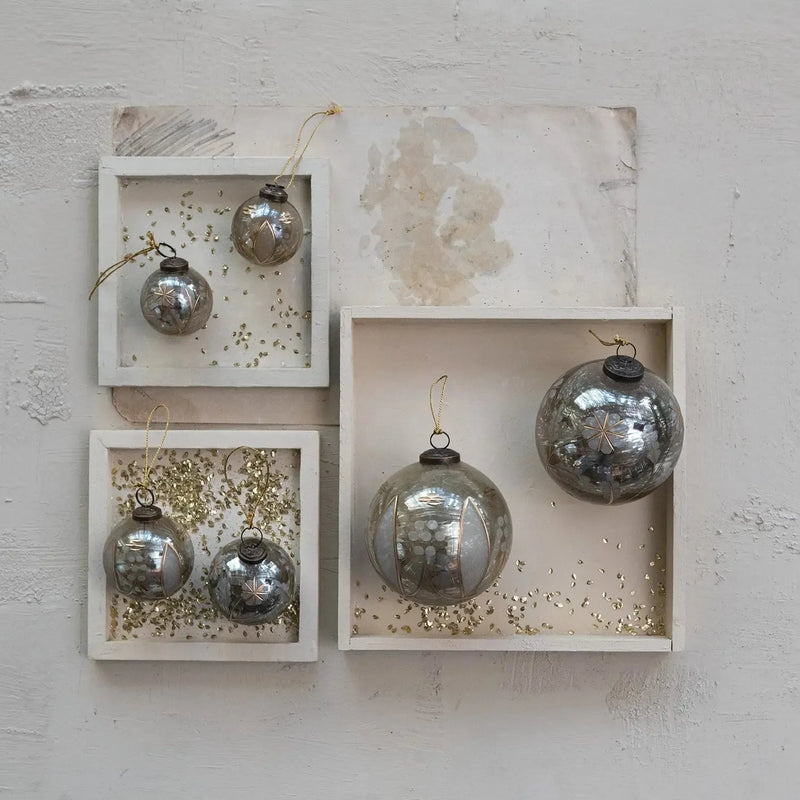 Holiday Ornaments 2" Round Etched Mercury Glass Ball Ornament // 2 Styles 