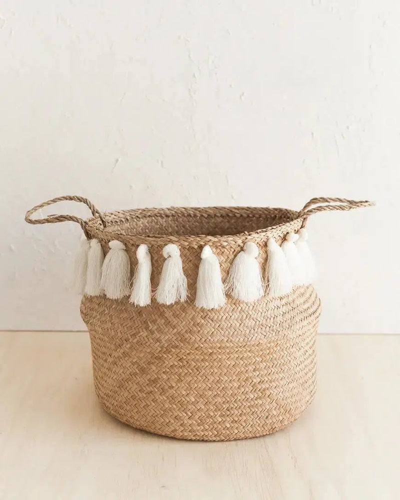 Decorative Storage Hand-Woven White Tassel Belly Basket 