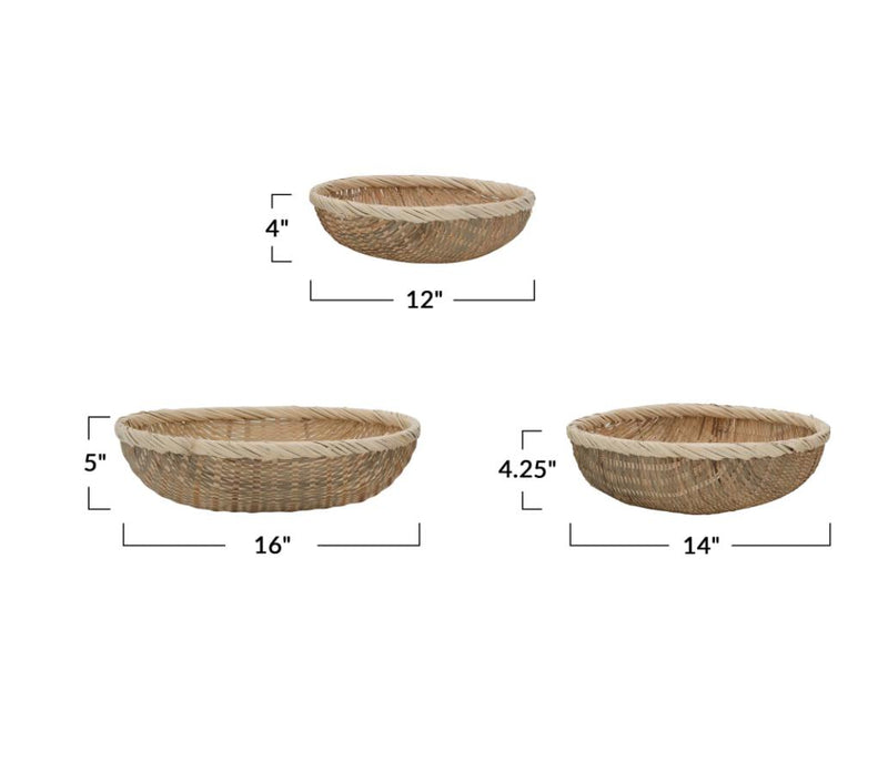 Decorative Storage Shallow Hand-Woven Bamboo Baskets, Set of 3 