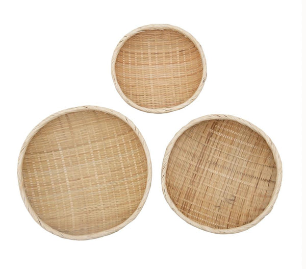 Decorative Storage Shallow Hand-Woven Bamboo Baskets, Set of 3 