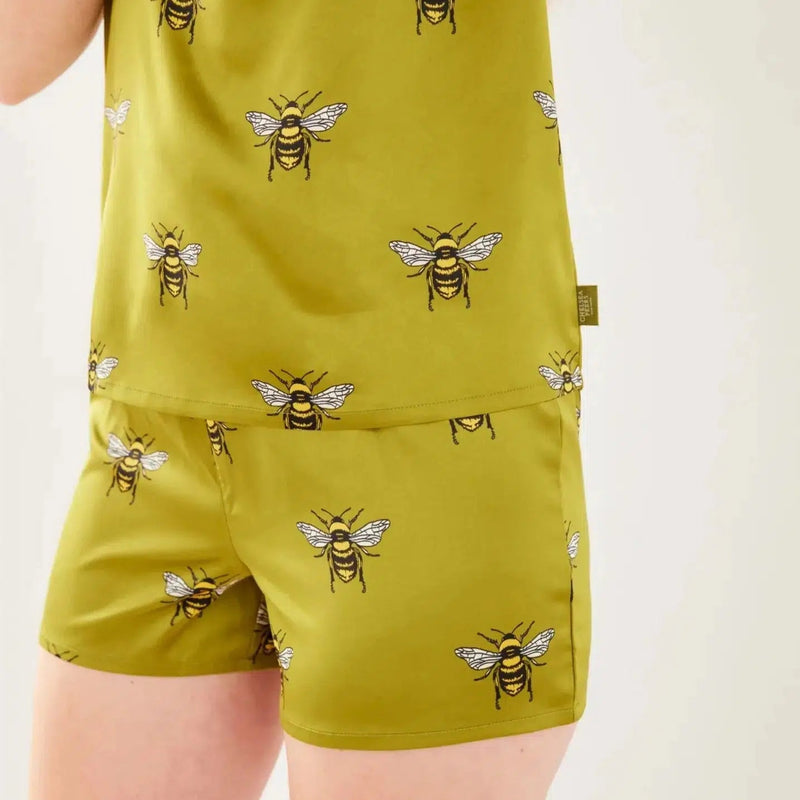 Lifestyle Olive Bee Satin Cowl Neck Cami Short Pyjama Set 