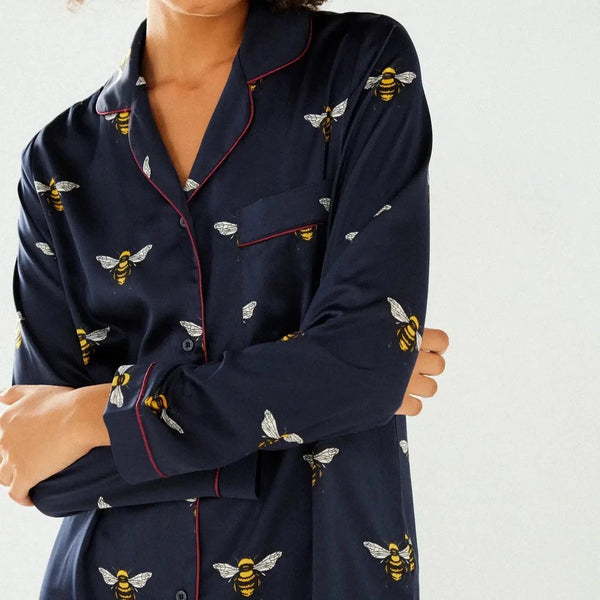 Lifestyle Satin Navy Bee Long Button Up Set 